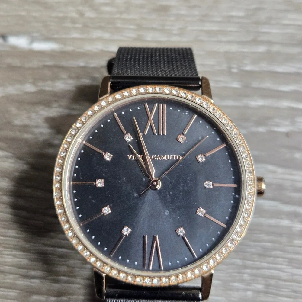 Vince Camuto VC/5351 Crystal Bezel Black Mesh Strap Rose Gold Women Watch Tested